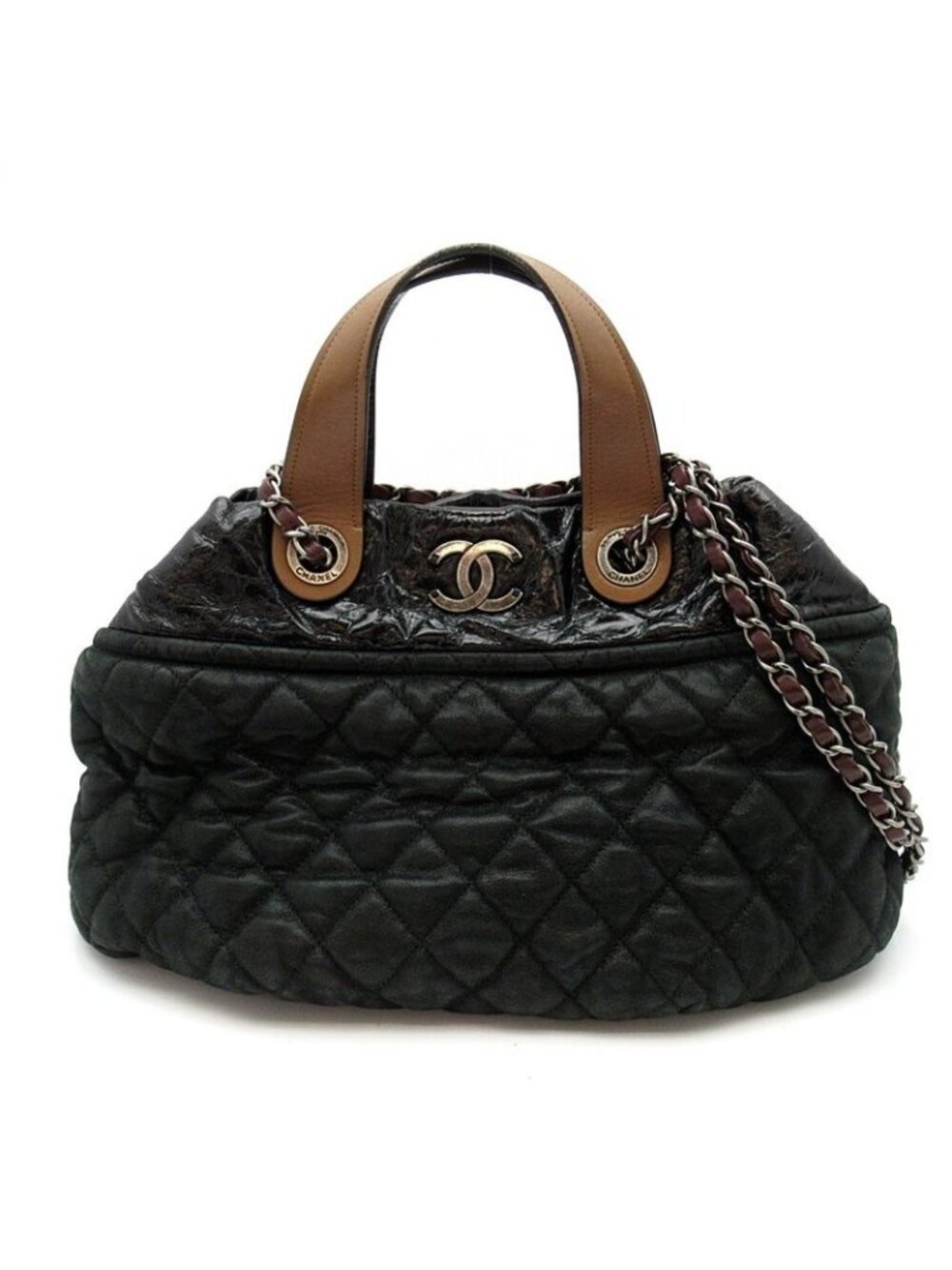 Chanel Quilted in the Mix Chain Tote Leather Shoulder Bag Black Brown